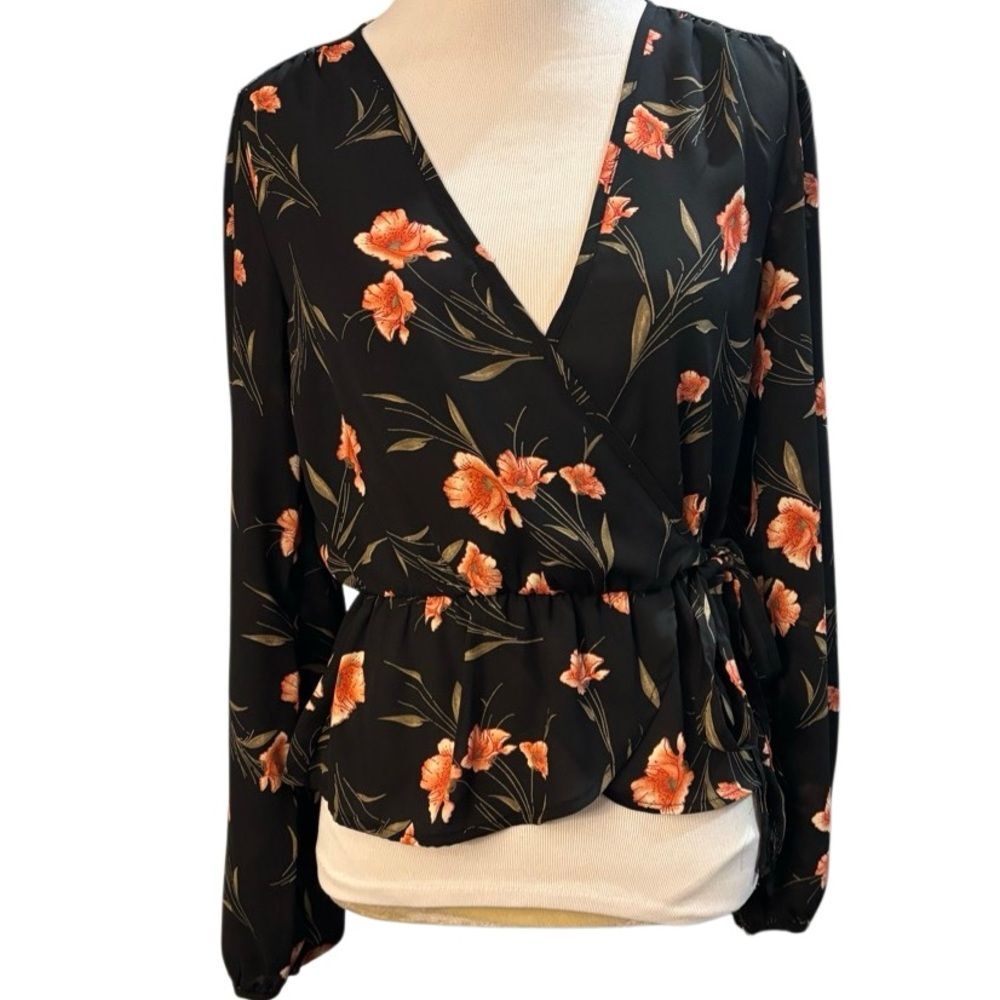 Sienna Sky Floral Faux Wrap Blouse Black Orange Peplum Long Sleeve Top Size XS